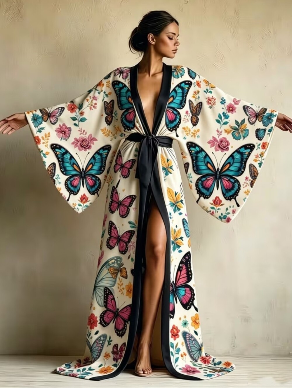 Preloved Butterfly Print Long Satin Robe with Black Trim - Cream/Multi